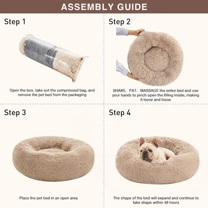 Calming Dog & Cat Bed, Cat Bed for Indoor Cats, Anti-Anxiety Donut round Bed, Fluffy Warming Pet Bed for Small Medium Dogs and Cats, Beige Taupe 20"/24"