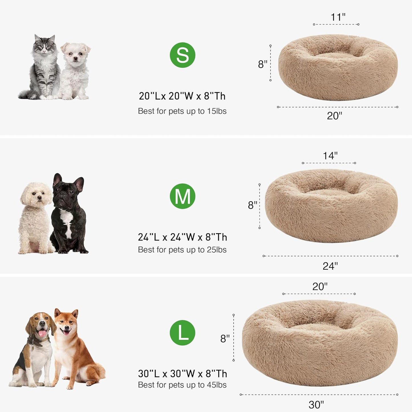 Calming Dog & Cat Bed, Cat Bed for Indoor Cats, Anti-Anxiety Donut round Bed, Fluffy Warming Pet Bed for Small Medium Dogs and Cats, Beige Taupe 20"/24"