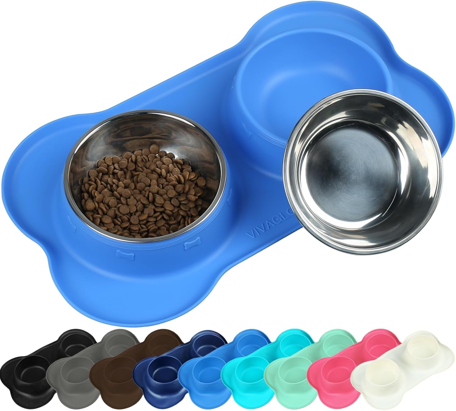 Dog Bowls, Dog Food Bowls, Stainless Steel Cat Puppy Water Bowls with Non Spill Skid Resistant Silicone Mat, Large, Blue