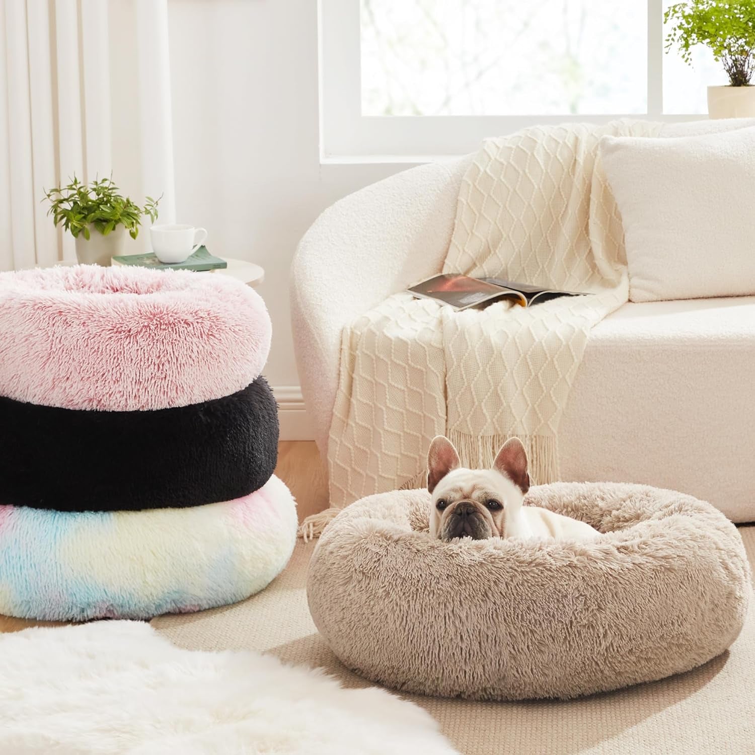Calming Dog & Cat Bed, Cat Bed for Indoor Cats, Anti-Anxiety Donut round Bed, Fluffy Warming Pet Bed for Small Medium Dogs and Cats, Beige Taupe 20"/24"