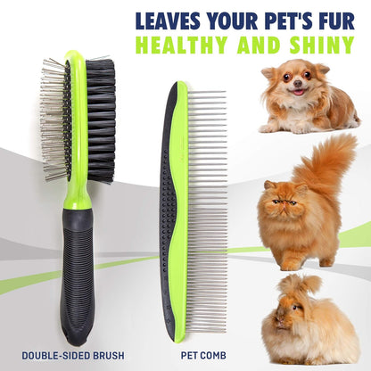 Dog & Cat Brush & Comb Pet Grooming Set - Double Side (Small) - Ultimate Deshedding Tool - Lice and Flea Removing - Perfect Groomer'S Tools - Strong Grip and Soft Bristles