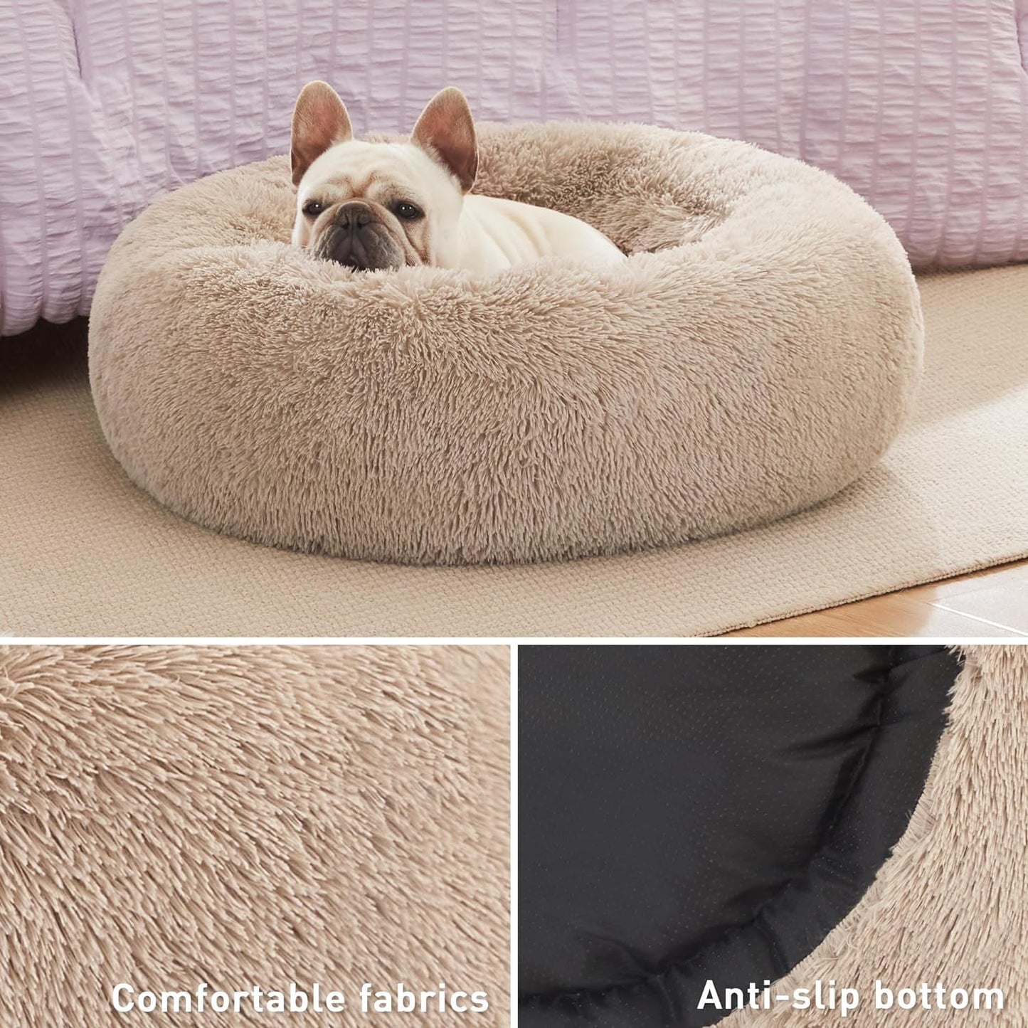 Calming Dog & Cat Bed, Cat Bed for Indoor Cats, Anti-Anxiety Donut round Bed, Fluffy Warming Pet Bed for Small Medium Dogs and Cats, Beige Taupe 20"/24"